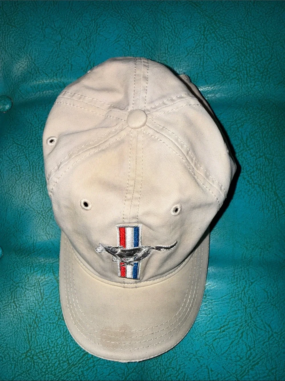 Distressed worn embroidered Mustang Velcro back cap hat